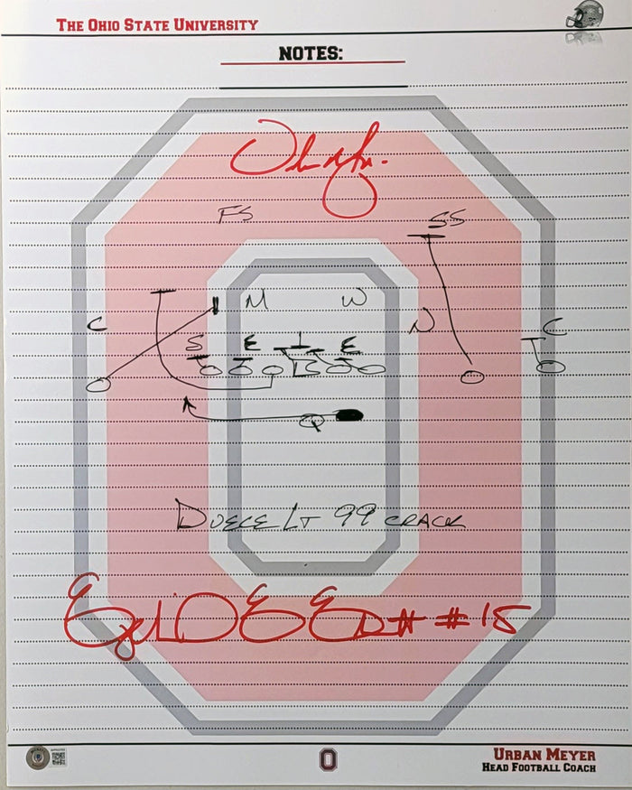 Ezekiel Elliott & Urban Meyer Signed Ohio State Buckeyes Playbook Diagram 16x20 Photo of 85 Yard's Through the Heart of the South - Beckett-Powers Sports Memorabilia