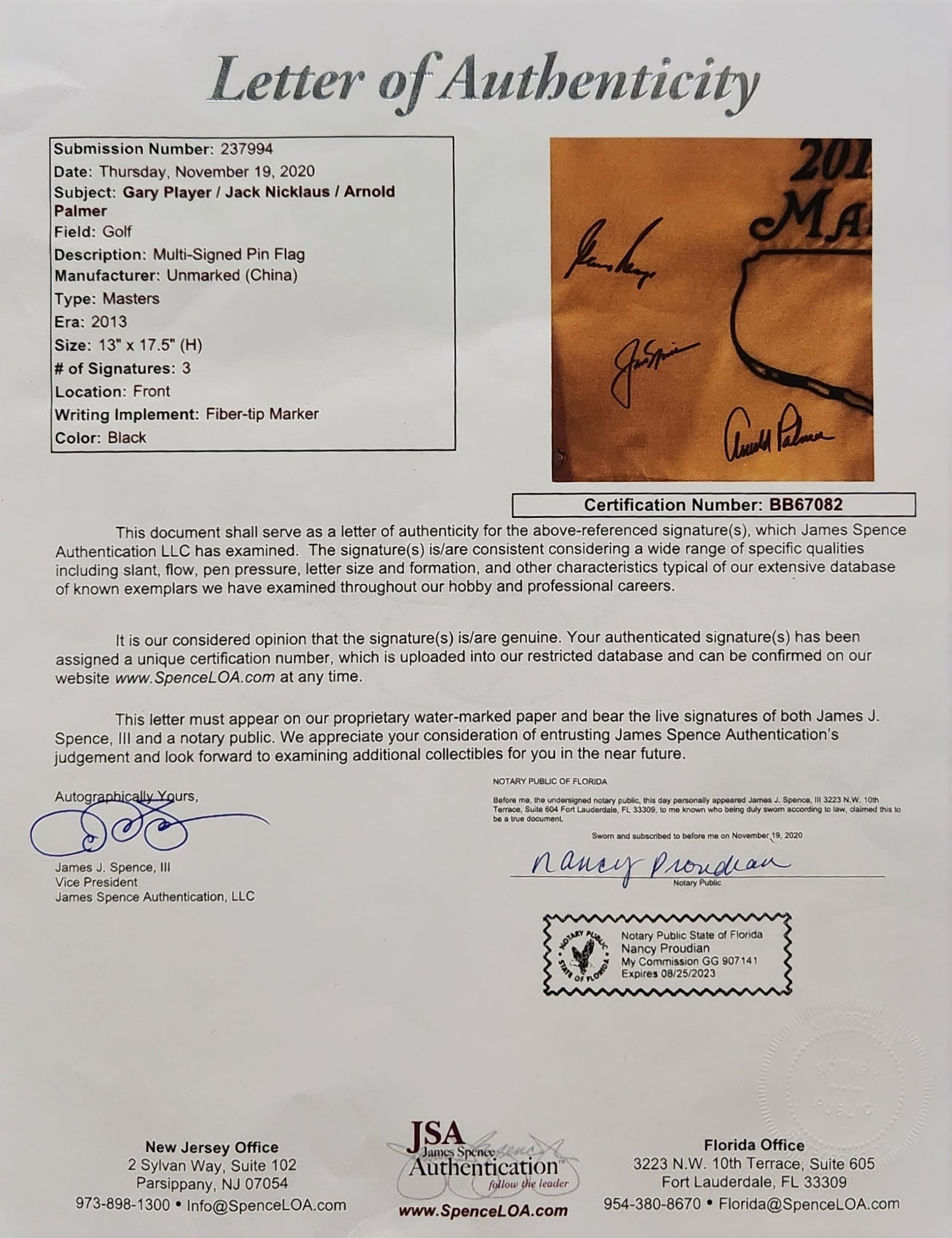 Autographed Jack Nicklaus, Arnold Palmer and Gary Player Masters Golf Pin Flag - JSA Full Letter-Powers Sports Memorabilia