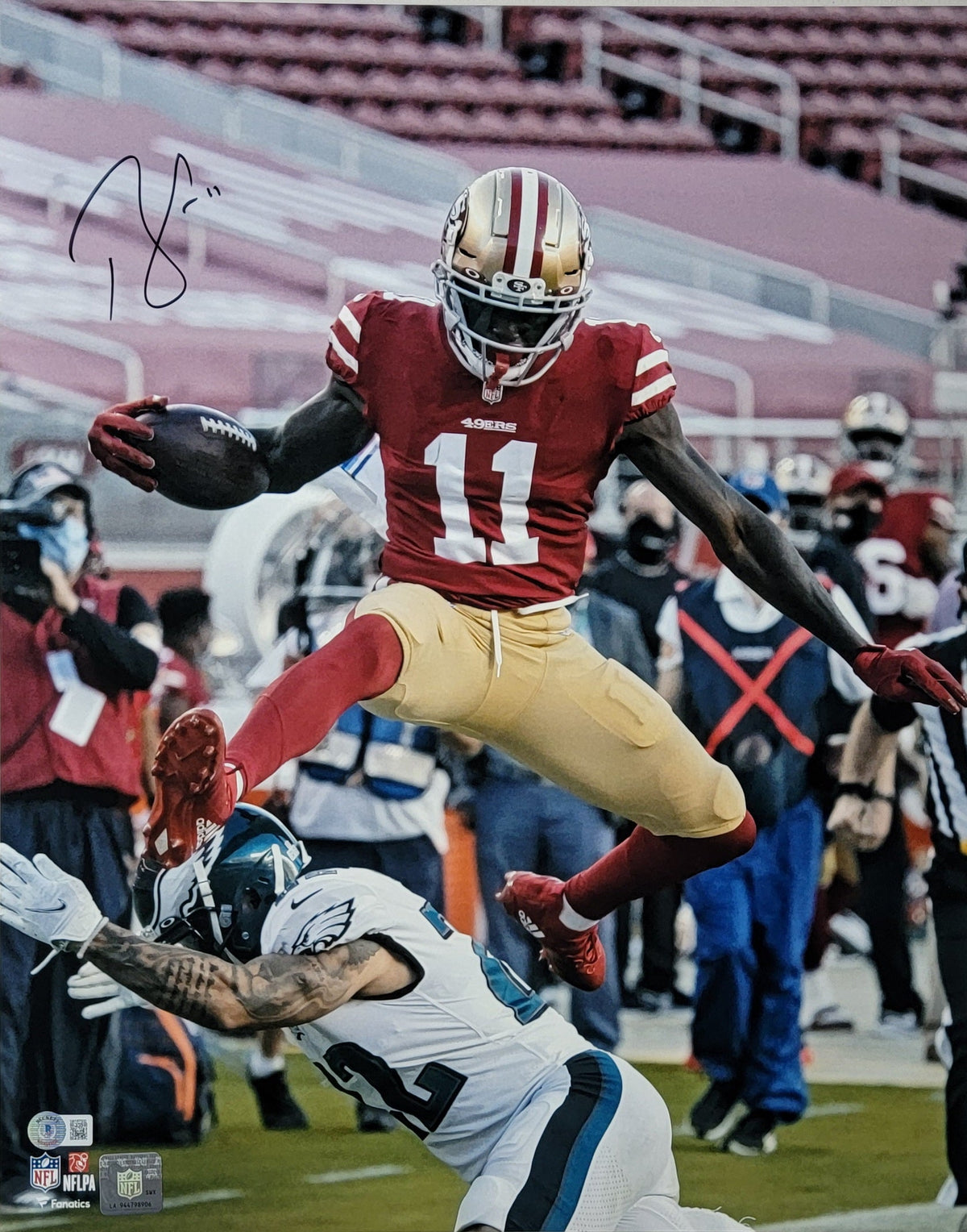 Brandon Aiyuk Signed San Francisco 49ers 16x20 Photo Beckett Witnessed Red Jersey-Powers Sports Memorabilia