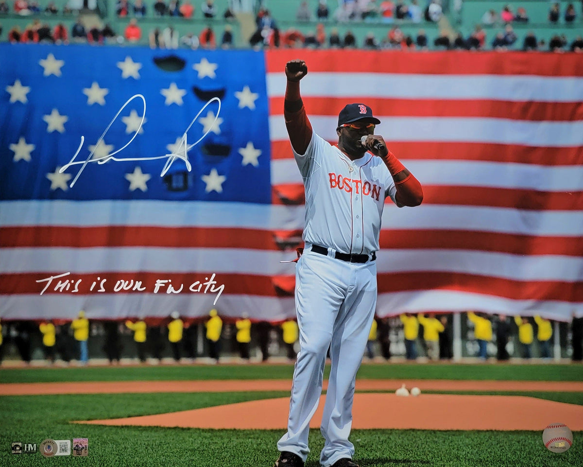David Ortiz Autographed Boston Red Sox 2013 Flag 16x20 Photo W/ This is Our F'N City Beckett Witnessed-Powers Sports Memorabilia