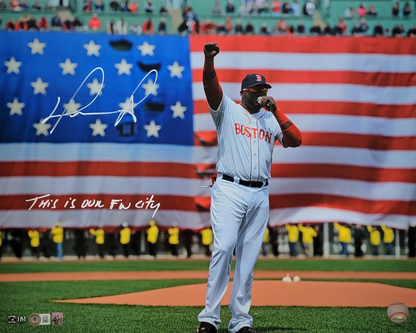 David Ortiz Signed Boston Red Sox 2013 Flag 16x20 Photo W/ This is Our F'N City - Beckett-Powers Sports Memorabilia