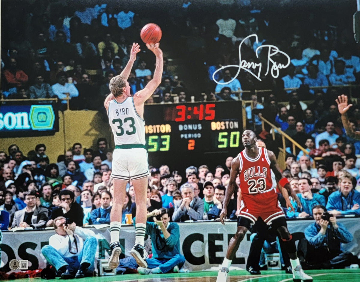 Larry Bird Signed Boston Celtics Michael Jordan 16x20 Photo Beckett Witnesed-Powers Sports Memorabilia