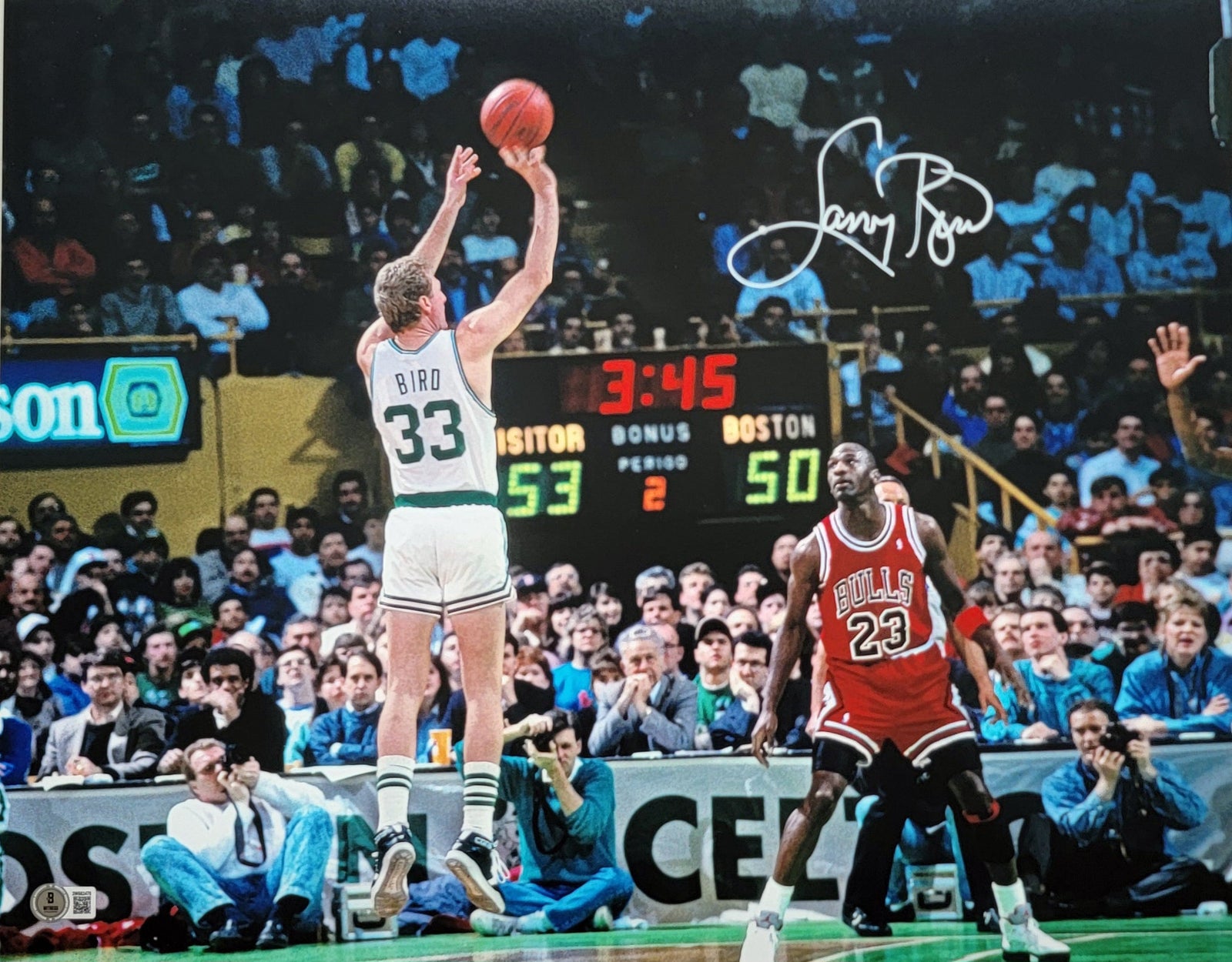 Larry Bird Signed Boston Celtics Michael Jordan 16x20 Photo Beckett Witnesed-Powers Sports Memorabilia