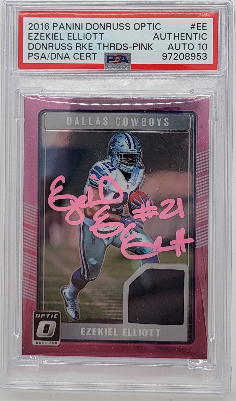 Ezekiel Elliott Signed 2016 Panini Donruss Optic Pink EE Cowboys Rookie Card PSA Auto 10