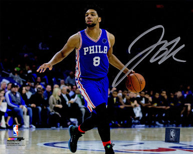 Jahlil Okafor Autographed Philadelphia 76ers 8x10 Photo (horizontal blue jersey dribble)-Powers Sports Memorabilia