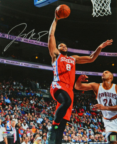 Jahlil Okafor Autographed Philadelphia 76ers 16x20 Photo (red jersey lay-up vs Cavaliers)-Powers Sports Memorabilia