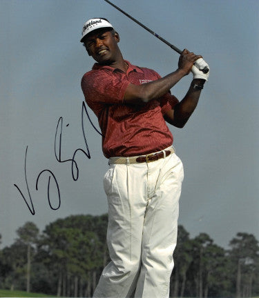 Vijay Singh Autographed PGA 11x14 Photo- JSA Hologram #DD32777 (red shirt - swinging)-Powers Sports Memorabilia