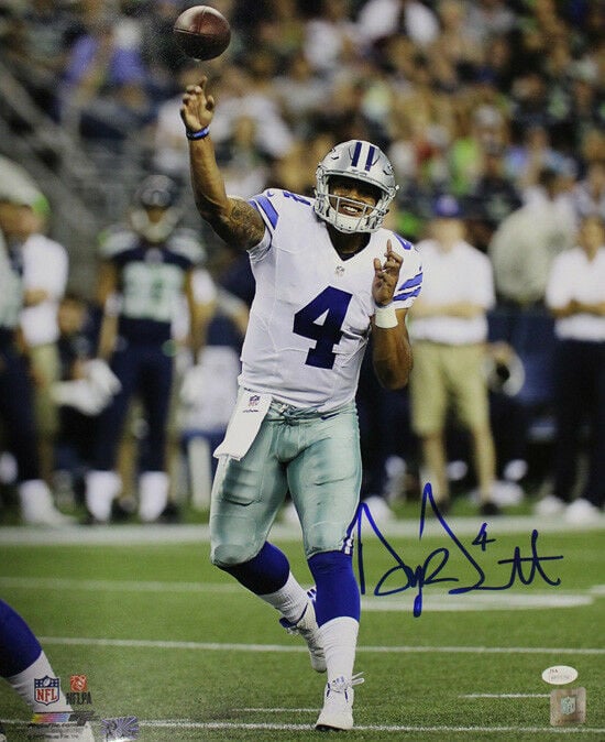 Dak Prescott Dallas Cowboys Signed 16x20 Photo vs Seattle JSA-Powers Sports Memorabilia