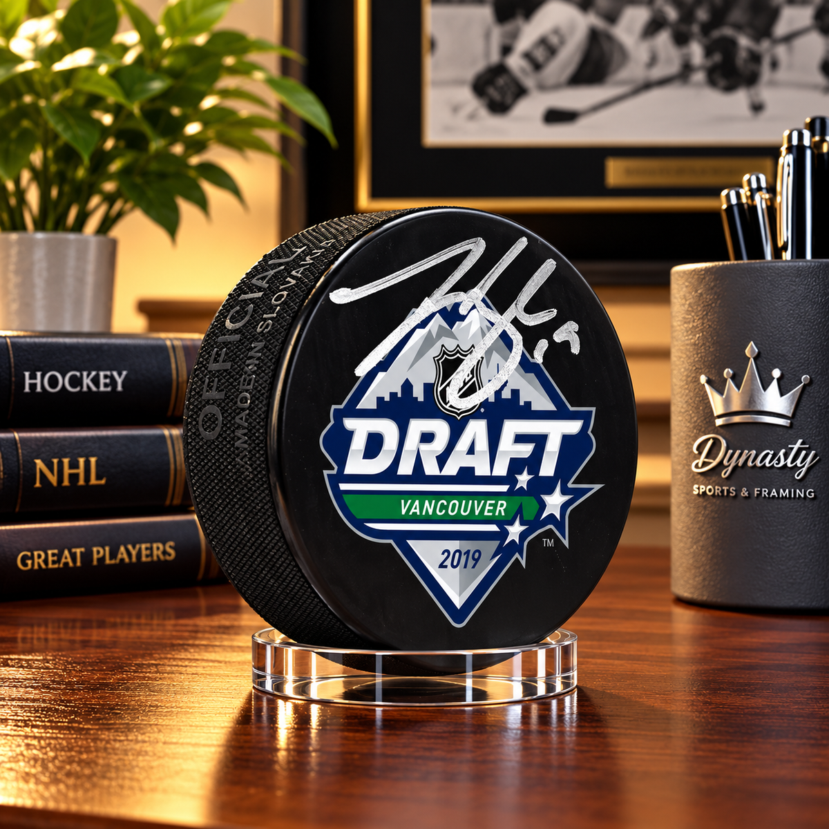 Johnny Beecher Signed Boston Bruins 2019 Draft Hockey Logo Puck - Silver Signature