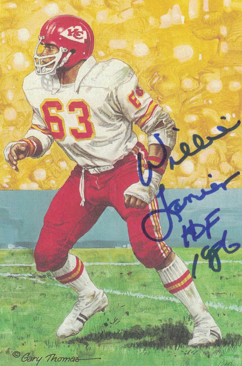 Willie Lanier Signed Kansas City Chiefs Goal Line Art Card HOF Blue-Powers Sports Memorabilia