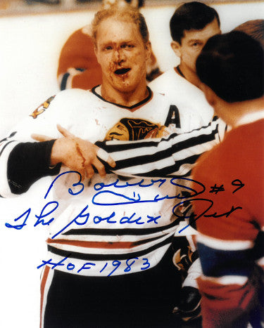 Bobby Hull Autographed Chicago Blackhawks Blood 8x10 Photo dual #9 The Golden Jet & HOF 83-Powers Sports Memorabilia