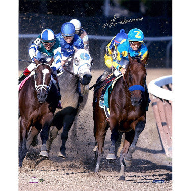 American Pharoah Autographed 16x20 Photo 2015 Belmont Stakes Ahead of Pack Horse Racing Triple Crown w/ Victor Espinoza- Steiner Holo-Powers Sports Memorabilia