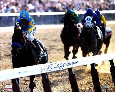 American Pharoah Autographed 16x20 Photo 2015 Belmont Stakes Final Stretch Horse Racing Triple Crown w/ Victor Espinoza- Steiner Holo-Powers Sports Memorabilia