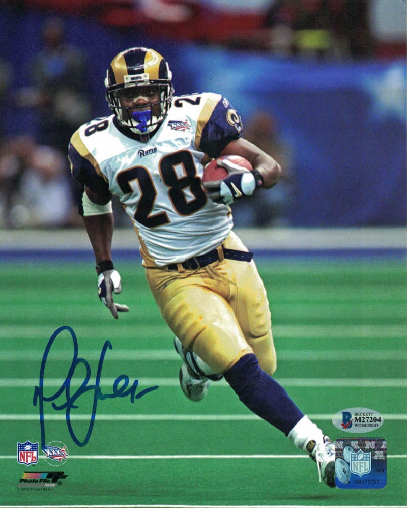 Marshall Faulk Los Angeles Rams Signed 8x10 Photo SB XXXVI BAS-Powers Sports Memorabilia