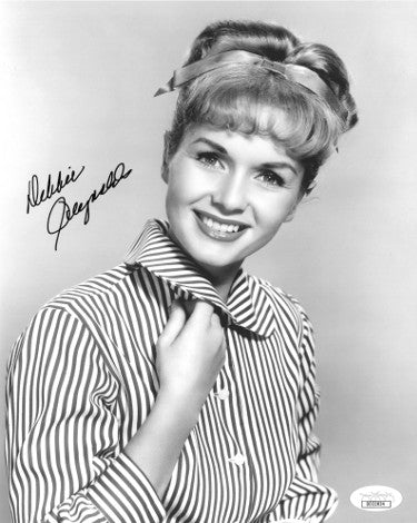 Debbie Reynolds Autographed Vintage B&W 8x10 Photo- JSA Hologram #DD32824 (striped blouse)-Powers Sports Memorabilia