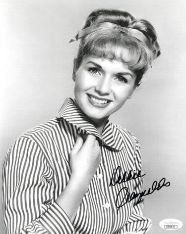 Debbie Reynolds Autographed Vintage B&W 8x10 Photo - JSA Hologram #DD32825 (striped blouse- sig on right)-Powers Sports Memorabilia