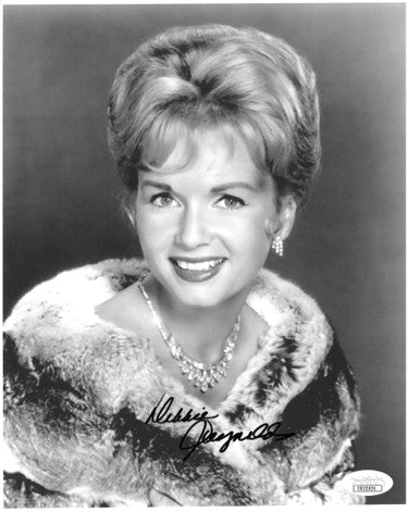 Debbie Reynolds Autographed Vintage B&W 8x10 Photo - JSA Hologram #DD32826 (mink coat-center sig)-Powers Sports Memorabilia