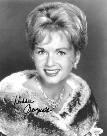 Debbie Reynolds Autographed Vintage B&W 8x10 Photo - JSA Hologram #DD32823 (mink coat-left side sig)-Powers Sports Memorabilia