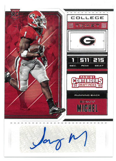 Sony Michel Autographed Georgia Bulldogs 2018 Panini Contenders Draft Picks College Ticket Football Rookie Card (RC) #141 (Patriots)-Powers Sports Memorabilia