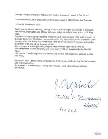 Jorg Czypionka Autographed WWII German ME-262 Luftwaffe Pilot B&W 8.5x11 Bio Letter 10./NJG-11 Kommando Walter- JSA Hologram #DD64271-Powers Sports Memorabilia