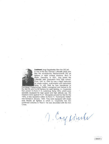 Jorg Czypionka Autographed WWII German ME-262 Luftwaffe Pilot B&W 8.5x11 Bio Letter w/ Pic- JSA Hologram #DD64270