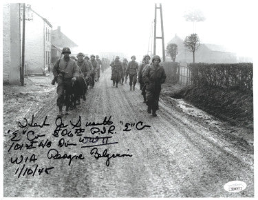 Herb "Jr" Suerth Autographed WWII Band of Brothers Vintage B&W 8.5x11 Photo 1/10/45 101st, E Co PIR, WIA Belgium- JSA Holo #DD64293-Powers Sports Memorabilia