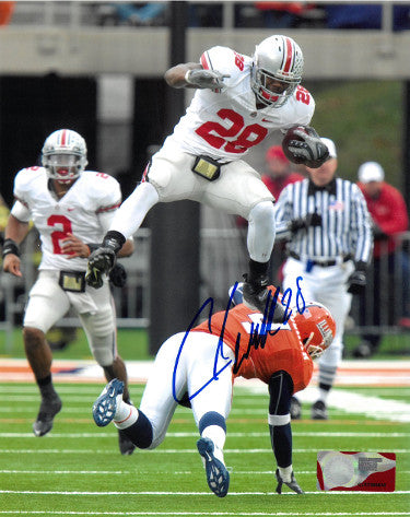 Chris "Beanie" Wells Autographed Ohio State Buckeyes NCAA Licensed 8X10 Photo #28 (leap vs Illinois-blue sig)-Powers Sports Memorabilia