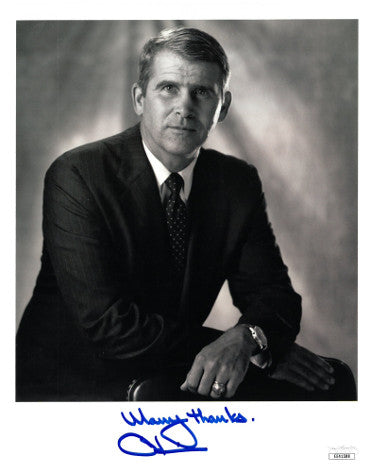 Oliver North Autographed 1990 B&W 8x10 Photo Many Thanks- JSA Hologram #EE41588 (USMC Lt Col/National Security Council)-Powers Sports Memorabilia