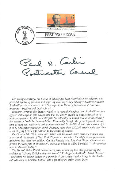 Paul N Carlin Autographed 1985 Statue Of Liberty Sculptor Frederic Auguste Bartholdi 1st Day Issue Stamp 4-page- JSA Holo #DD64342-Powers Sports Memorabilia