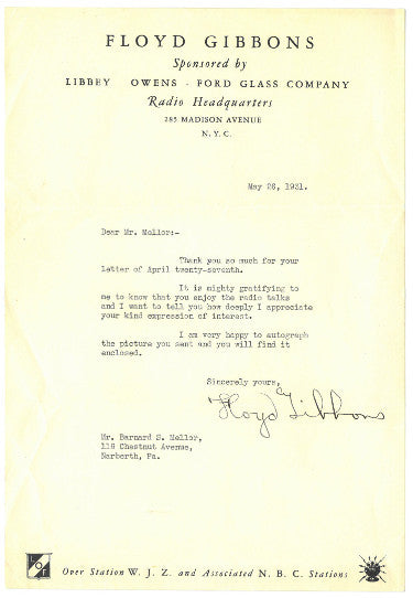 Floyd Gibbons Autographed 1931 Typed Letter- JSA Hologram #EE62960 (WWI/Pioneer Aviator/Journalist)-Powers Sports Memorabilia