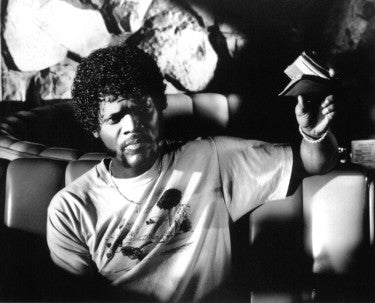 Samuel L. Jackson unsigned Vintage B&W Pulp Fiction as Jules Winnfield 8 x 10 Photograph with Iconic Wallet-Powers Sports Memorabilia