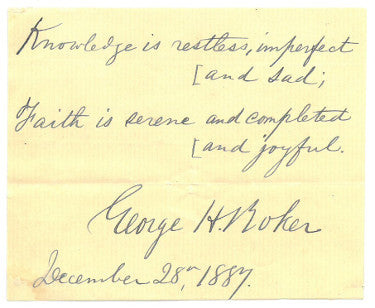George H. Boker Autographed Vintage 4x3.5 Cut Signature Poem/Dec 28, 1889- JSA Hologram #EE63462 (Civil War Poet/Us Ambassador)-Powers Sports Memorabilia