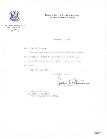 Adlai E. Stevenson Autographed Vintage U.S. Rep United Nations Letterhead (typed) Feb 4, 1965?Çô JSA #EE63457 (Governor/Ambassador)-Powers Sports Memorabilia