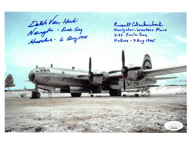 Dutch Van Kirk & Russell E Gackenbach Autographed WWII Color 8x10 Photo Navigators Enola Gay Hiroshima & V-82 6 Aug 1945-JSA #EE63504-Powers Sports Memorabilia