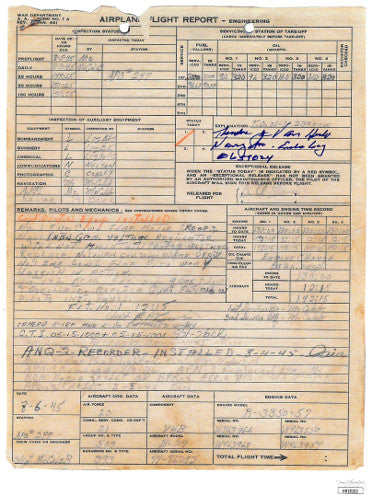Theodore “Dutch” Van Kirk WWII Enola Gay/Hiroshima/Navigator/509th Flight Report & Record 8 x 10 Photograph 8/6/45– JSA #HH18103 - Autographed-Powers Sports Memorabilia