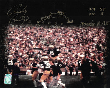 Rudy Ruettiger Autographed Notre Dame Fighting Irish 8X10 Photo w/ ND 24-GT 3/November 8, 1975 & Play Drawing- Rudy 45 Holo-Powers Sports Memorabilia