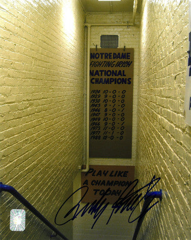 Rudy Ruettiger Autographed Notre Dame Fighting Irish Staircase 8x10 Photo- Rudy 45 Hologram (center sig)-Powers Sports Memorabilia