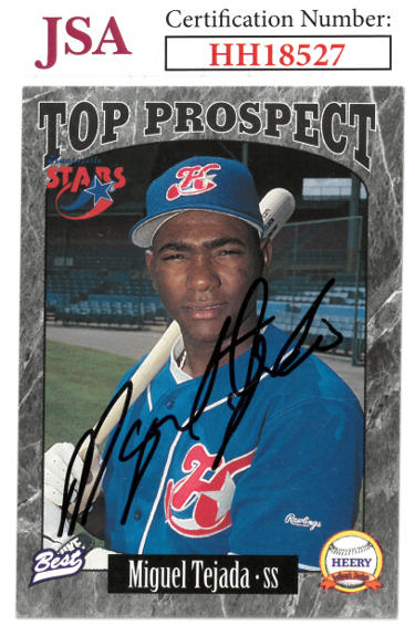 Miguel Tejada Autographed 1997 Best Top Prospect Rookie Card (RC) #15- JSA #HH18527 (On Card Auto/Oakland A's/Huntsville Stars)-Powers Sports Memorabilia