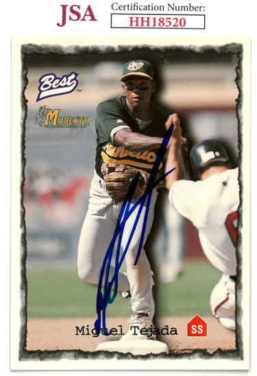 Miguel Tejada Autographed 1997 Best Baseball Rookie Card (RC) #4- JSA #HH18520 (Modesto/Oakland A's/On Card Auto)-Powers Sports Memorabilia