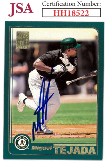 Miguel Tejada Autographed 2001 Topps 50 Years Baseball Card #620- JSA #HH18522 (On Card Auto/Oakland A's)-Powers Sports Memorabilia