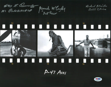 Steve Pisanos/Frank McCauley/Richard Fleischer Autographed WWll P-47 Ace Pilots 11x14 Filmstrip Photo?Çô 3 sigs insc- PSA LOA #AA07236-Powers Sports Memorabilia