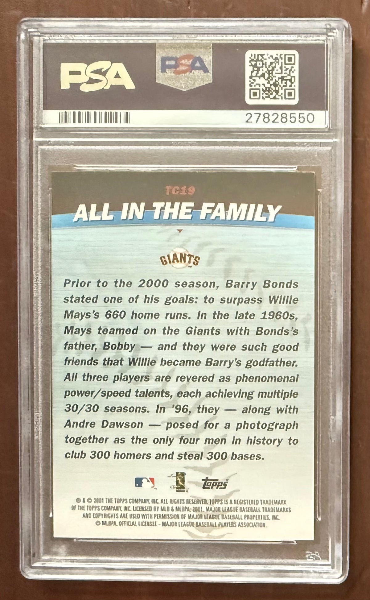Barry Bonds Willie Mays 2001 Topps Combos All In The Family San Francisco Giants Baseball Card #TC19 Graded PSA 8 Cert #27828550-Powers Sports Memorabilia