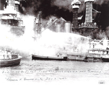 Lauren F. Bruner Autographed WWII Pearl Harbor Survivor B&W 8x10 Photo -JSA #II11657 w/ fighting fires (USS Arizona/Dec 7, 1941)-Powers Sports Memorabilia