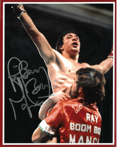 Ray "Boom Boom" Mancini Autographed 8x10 Photo (Arms up celebration/red border)-Powers Sports Memorabilia