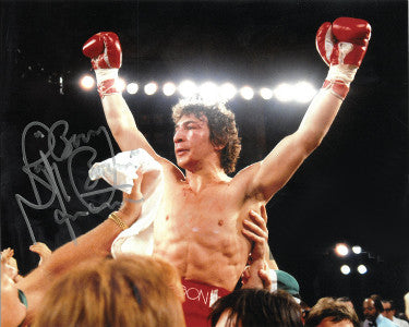 Ray "Boom Boom" Mancini Autographed 8x10 Photo (Arms up celebration/horizontal)-Powers Sports Memorabilia
