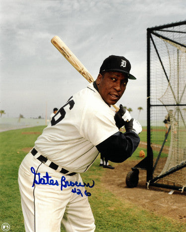 Gates Brown Autographed Detroit Tigers 8x10 Photo #26 (bat on shoulder/blue signature)-Powers Sports Memorabilia