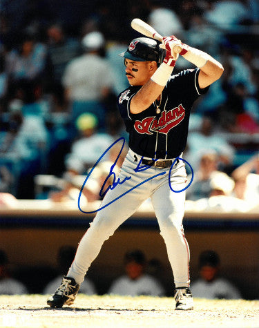 Carlos Baerga Autographed Cleveland Indians 8x10 Photo (navy jersey)-Powers Sports Memorabilia