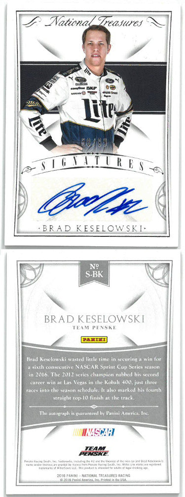 Brad Keselowski Autographed 2016 Panini National Treasures Racing Card #S-BK- LTD 60/99-Powers Sports Memorabilia