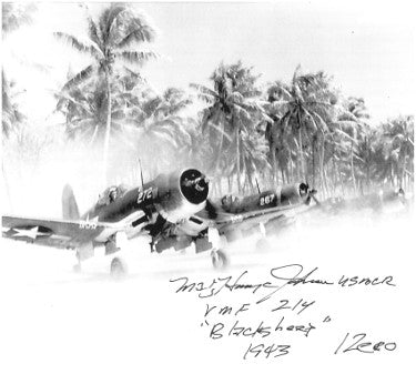 Major Harry Johnson Autographed 1943 Pappy Boyington's Black Sheep B&W Vintage 8x10 Photo- JSA #JJ96484- VMF 214 1943-Powers Sports Memorabilia