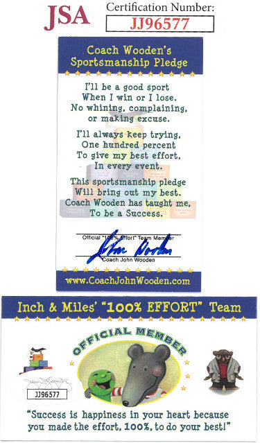 John Wooden Autographed UCLA Bruins Coach's Sportsmanship Pledge Official Member 2X3.5 Card- JSA #JJ96577-Powers Sports Memorabilia